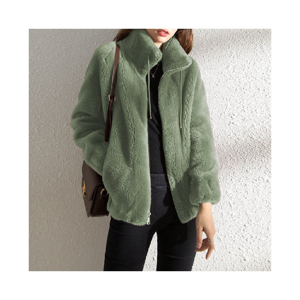 (Green,XL)Manteau hiver femme double face peluche support col chaud cardigan vêtement fermeture éclair