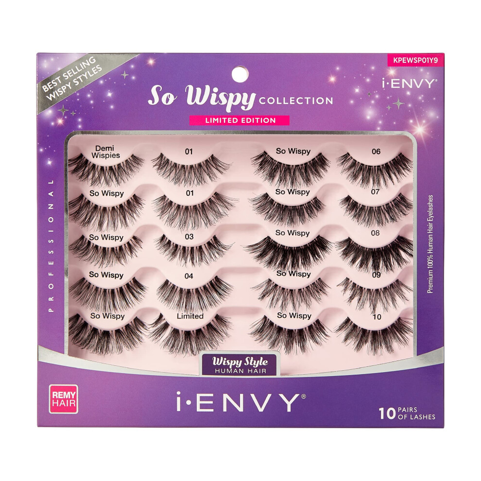 Ienvy I-Envy 10 Pairs So Wispy Human Hair Eyelashes Multipack, Natural Dramatic Fluffy False Lashes - Invisible Band, Volume & Curl, Lightweight, Reusable