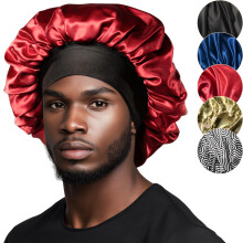Niagara Satin Bonnet Men - Red Bonnet For Sleeping Men - Reversible Night Cap - Mens Bonnet For Curly Hair - Stor motorhuv med dubbelskikt (svart