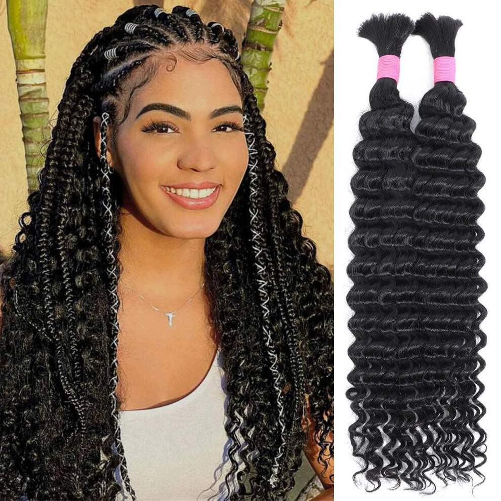 Glosswave Unisex Not,Specified Human Braiding Hair For Boho Braids 20 Inch 2 Bundles 100G Deep Wave Bulk Human Boho Hair For Braiding 12A Virgin Curly Human Hair For Boho Knotless B