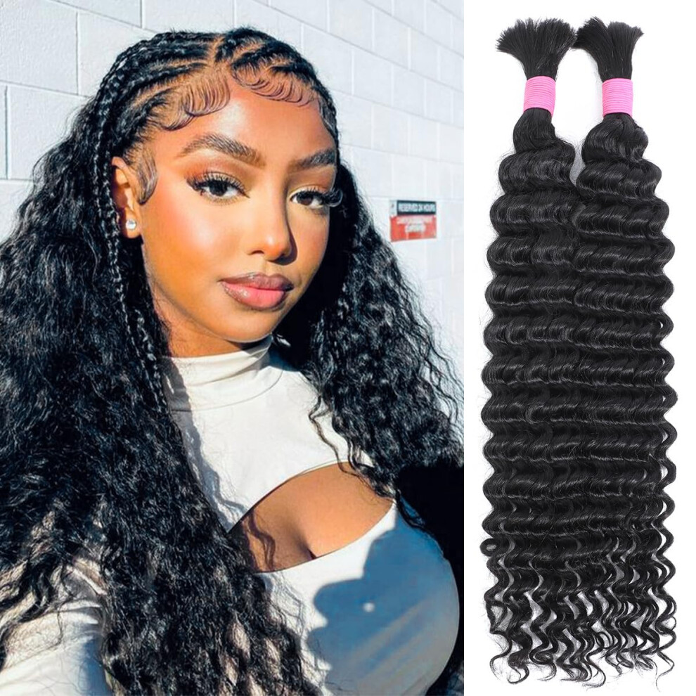 Glosswave Unisex Human Braiding Hair For Boho Braids 14 Inch 2 Bundles 100G Deep Wave Bulk Human Boho Hair For Braiding 12A Virgin Curly Human Hair For Boho Knotless B