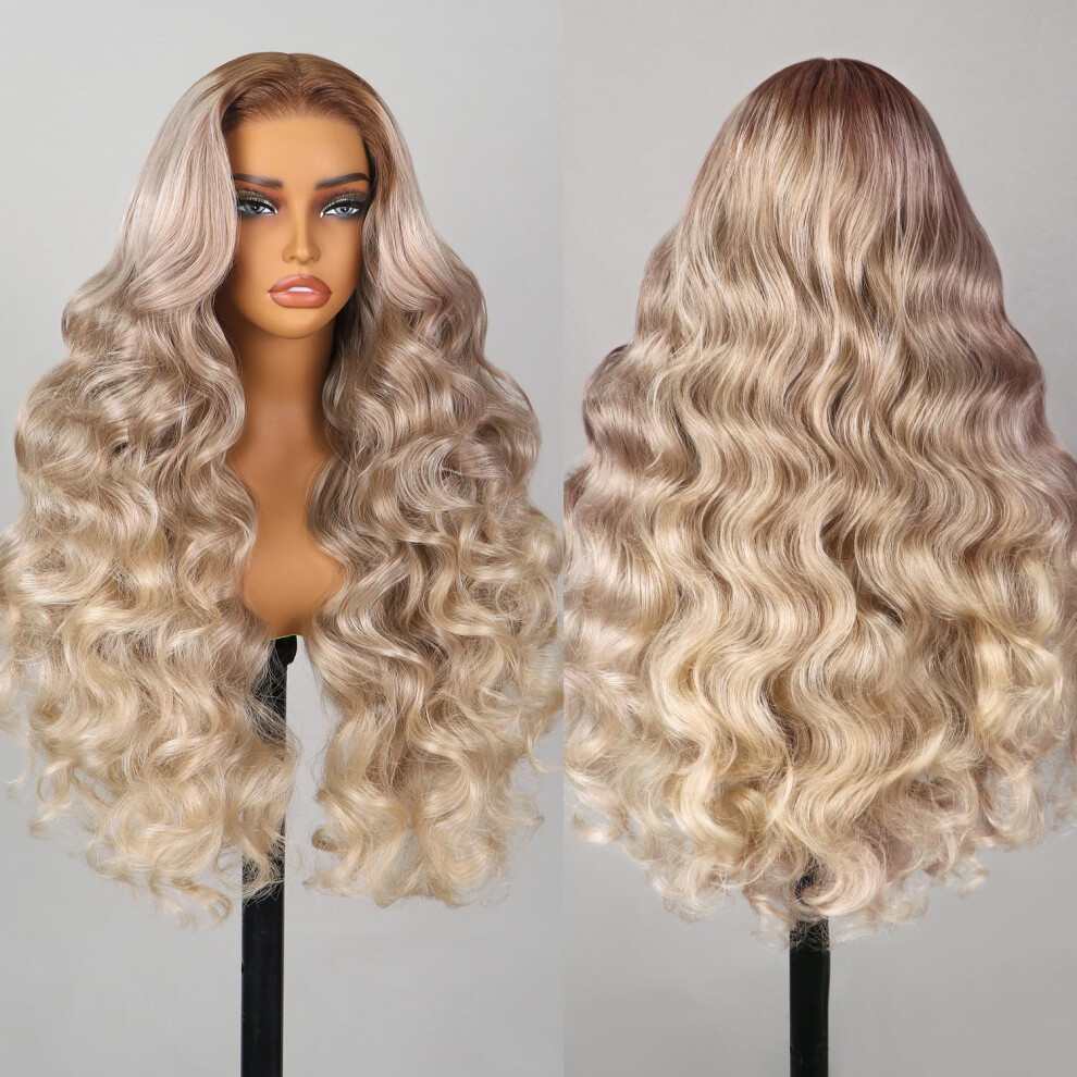 Teslal Unisex Ash Blonde Wig Human Hair Blend Wear And Go Glueless Wigs Pre Plucked Pre Cut Lace 6X6 Body Wave Wig Ombre Blonde Hair Synthetic Wig 28Inch 260