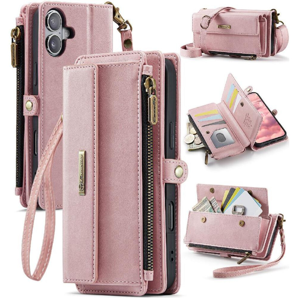 (Pink) Wallet Case For Iphone 16 Detachable Stra Pu Leather With Card Slots Rfid Blocking Pink 764544246149