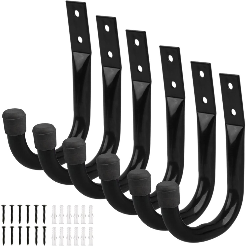 (Black) Ladder Hooks for Garage, Tool Hanger for Garage Wall, 6 Pieces/Set Heavy Duty J Hooks Utility Hooks for Garage Storage - Garage Wall Hooks, Hooks for