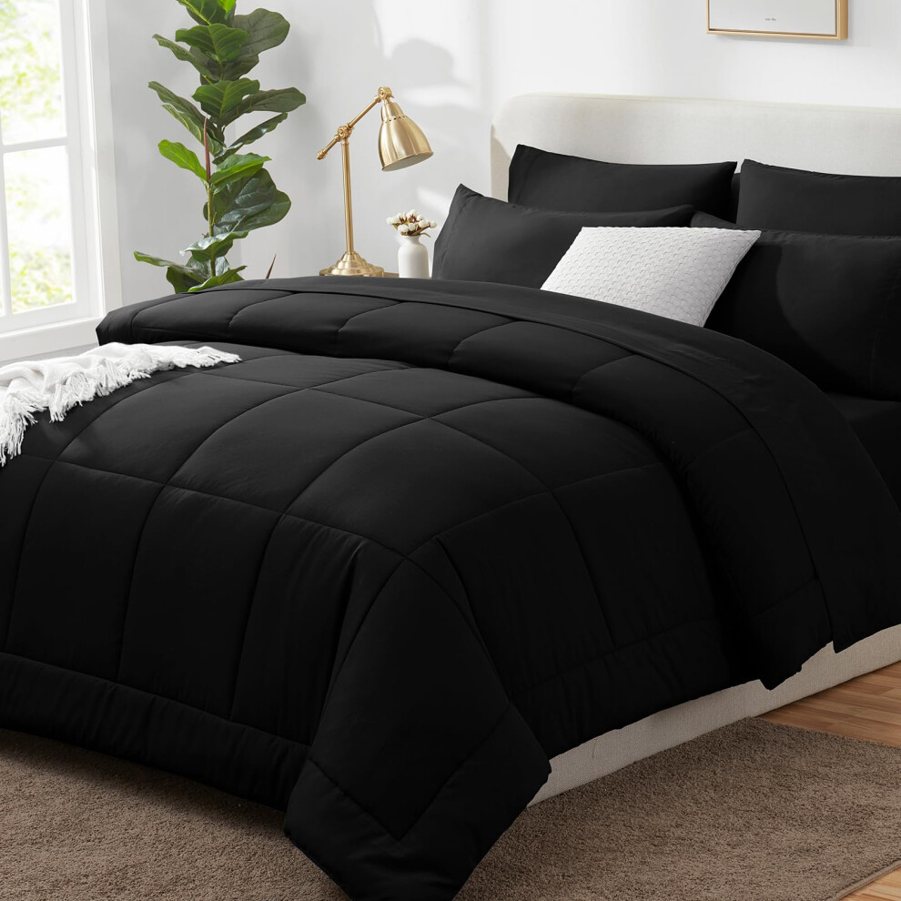 Ensemble de couette King Size CozyLux - Ensemble de literie King Size 7 pi   ces noir avec couette matelass   e toutes saisons, drap plat, drap-houss