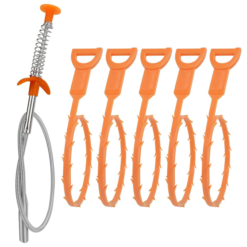 Amazon Basics Drain Clog Remover Tool  Includes 5 Plastic and 1 Stainless Drain Snakes  Effectively Clean Hair and Other Clog for Toilet  Kitchen Sink