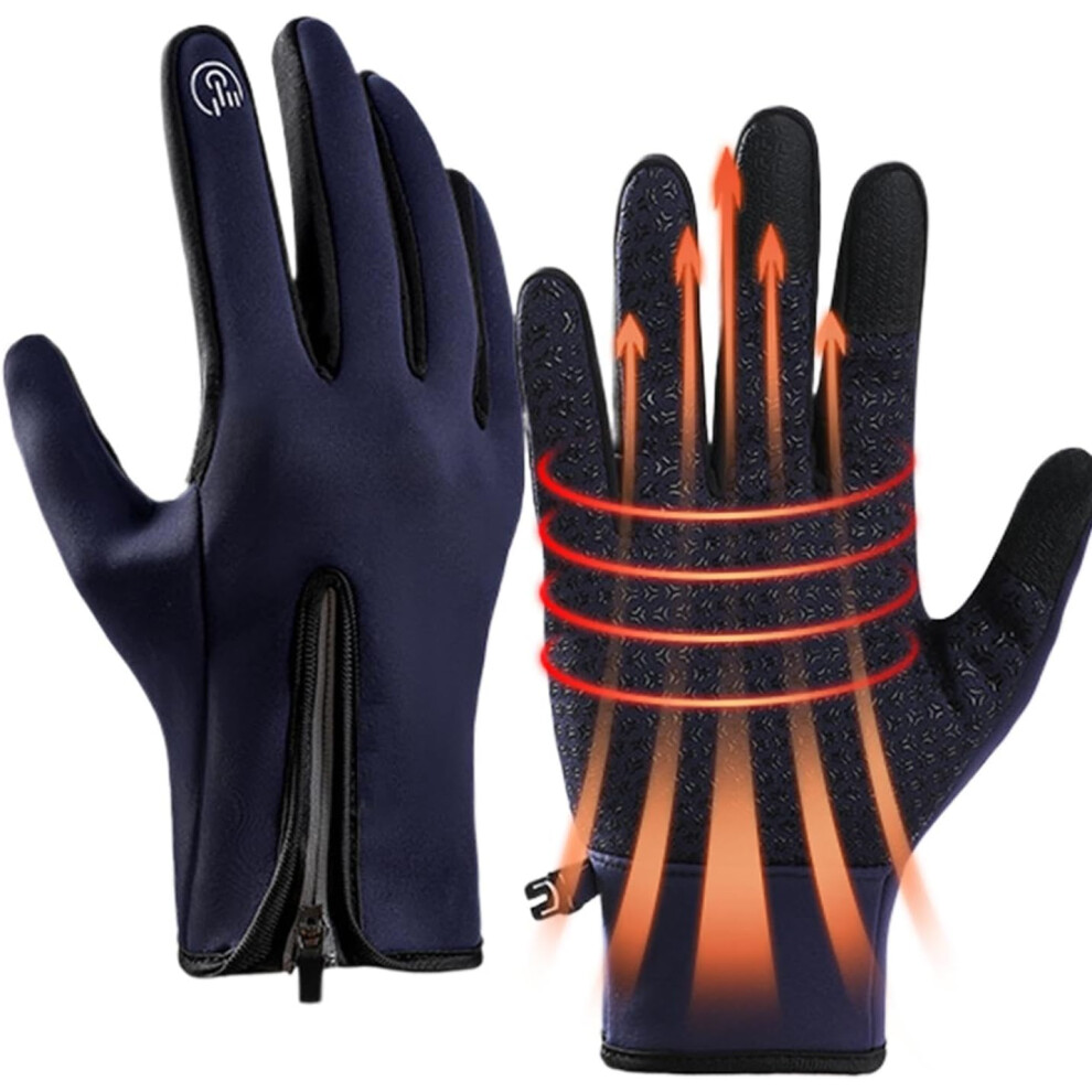 (M, Blue) Running Gloves - Windproof Gloves with Touchscreen Fingers | Unisex Warm Gloves with Zipper, Cold Weather Gear for Hiking Cycling