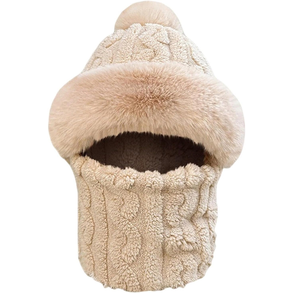 (Khaki) Hooded Scarf Hat | Thermal Knitted Ski Plush Hat for Men and Women - Adorable Street Fashion Windproof Stylish Winter Hats for Women, Girl