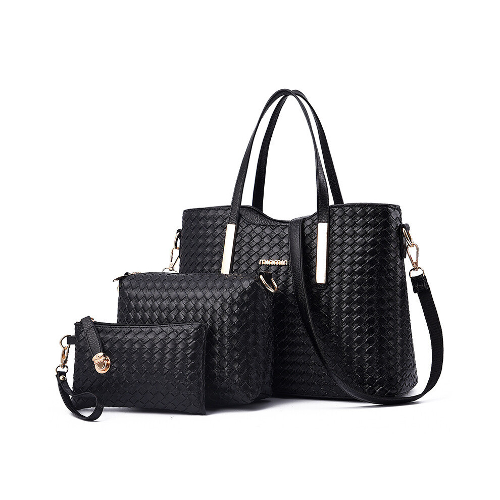Ensemble sac à main contemporain bleu foncé noir et rouge vin tissé avec compartiments zippés