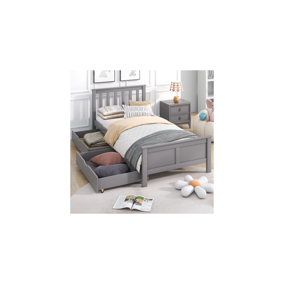3ft Single Wooden Solid Pine Storage Bed with Drawers (Gray 190x90cm)