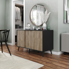 ( Black Carcass + Oak Doors , Black legs) 3-Door Sliding Cabinet Sideboard Storage Organiser Home Cupboard on Wooden Legs