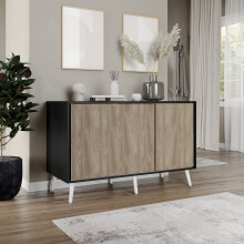 ( Black Carcass + Oak Doors , White legs) 3-Door Sliding Cabinet Sideboard Storage Organiser Home Cupboard on Wooden Legs