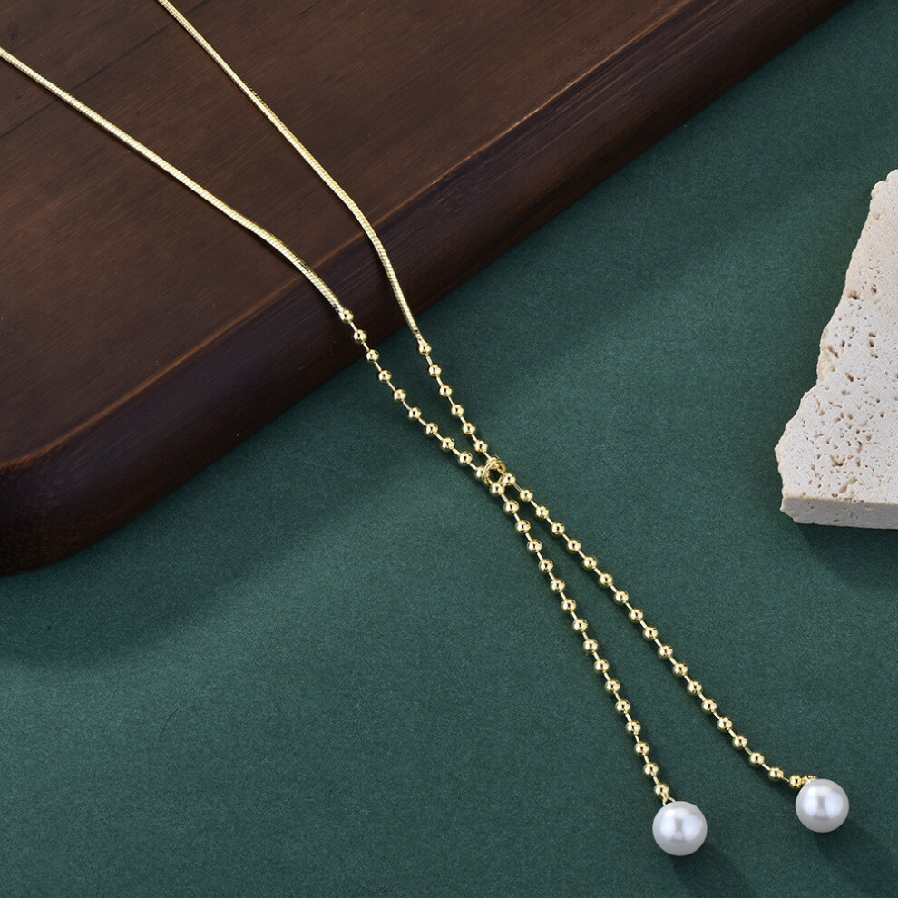 (Gold)Collier haut de gamme en acier titane doré K pour femme avec détails luxueux en perles et cristal