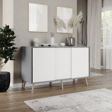 ( Grey Carcass + White Doors , Beech legs) 3-Door Sliding Cabinet Sideboard Storage Organiser Home Cupboard on Wooden Legs