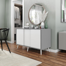 ( Grey Carcass  +  White Doors    , White legs) 3-Door Sliding Cabinet Sideboard Storage Organiser Home Cupboard on Wooden Legs