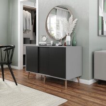 ( Grey Carcass + Black Doors , Pine legs) 3-Door Sliding Cabinet Sideboard Storage Organiser Home Cupboard on Wooden Legs