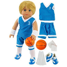 American Fashion World jongens blauw basketbaluniform voor 18-inch poppen | Accessoires inbegrepen | Premiumkwaliteit en trendy ontwerp | Poppenkledi