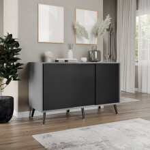 ( Grey Carcass + Black Doors , Black legs) 3-Door Sliding Cabinet Sideboard Storage Organiser Home Cupboard on Wooden Legs