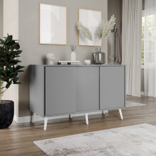 ( Grey Carcass + Grey Doors , White legs) 3-Door Sliding Cabinet Sideboard Storage Organiser Home Cupboard on Wooden Legs
