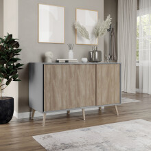( Grey Carcass + Oak Doors , Beech legs) 3-Door Sliding Cabinet Sideboard Storage Organiser Home Cupboard on Wooden Legs