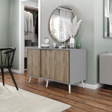 ( Grey Carcass + Oak Doors , White legs) 3-Door Sliding Cabinet Sideboard Storage Organiser Home Cupboard on Wooden Legs