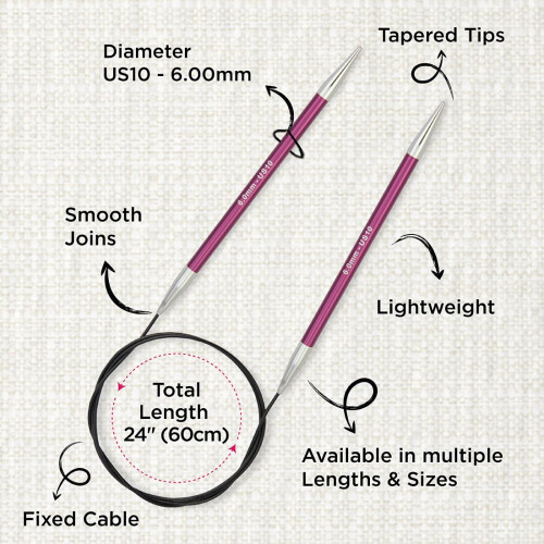 KnitPro Zing Fixed Circular Needles 24"""" (60cm) | US Size 10 (6mm) 2