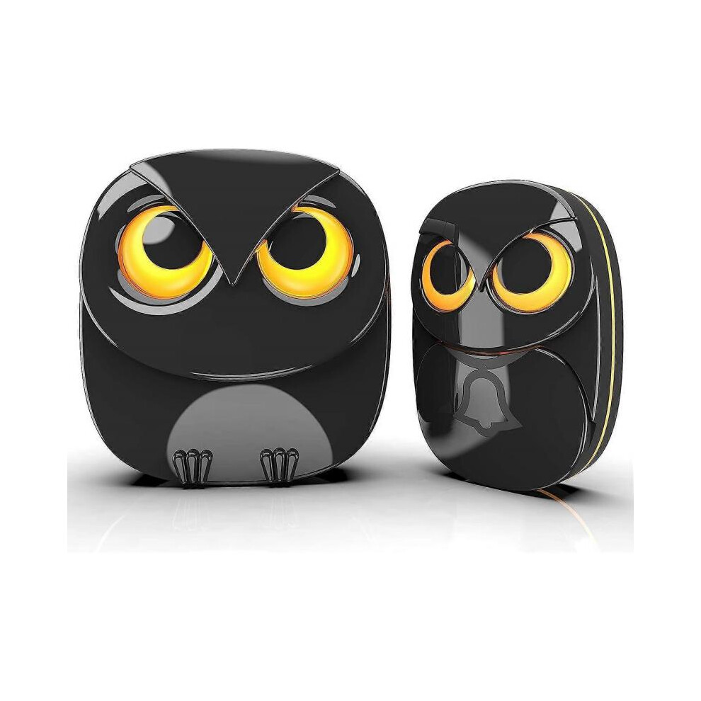 Wireless Doorbell, Cute Owl Doorbell Weatherproof IP55 Outdoor Remote Push Button- 1000 Feet Long Wireless Range, 1 Receiver + 1 Transmitter, Black