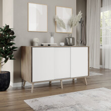 ( Oak Carcass + White Doors , Beech legs) 3-Door Sliding Cabinet Sideboard Storage Organiser Home Cupboard on Wooden Legs