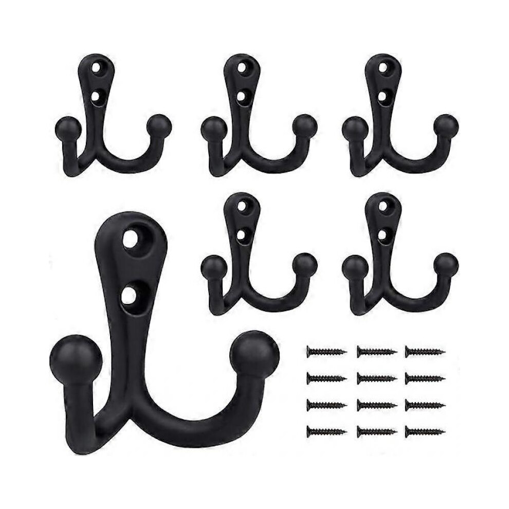 Curved Robe Hooks, 6 Pieces Coat Racks, Vintage Black Double Wall Hooks with 12 Screws for Coat Racks, Bathroom, Kitchen, Office