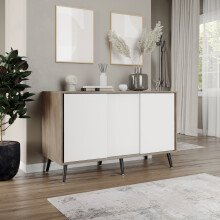 ( Oak Carcass + White Doors , Black legs) 3-Door Sliding Cabinet Sideboard Storage Organiser Home Cupboard on Wooden Legs