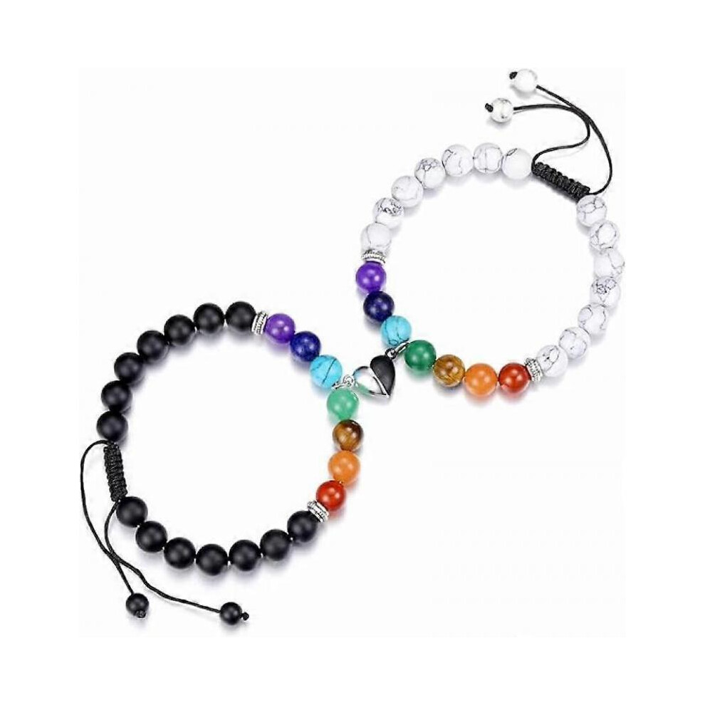 2pcs Couple Bracelet Chakra Natural Stone Magnetic Separable Heart Pendant Adjustable Lovers Bracelet Set for Valentine Gift