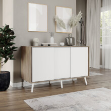 ( Oak Carcass + White Doors , White legs) 3-Door Sliding Cabinet Sideboard Storage Organiser Home Cupboard on Wooden Legs