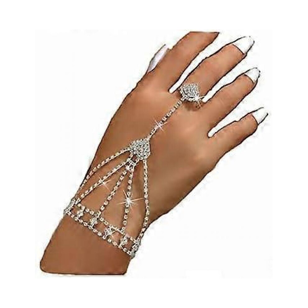 Silver Bracelets with Ring for Women Crystal Chain Ring Bracelet Hand Harness Chain Bracelet Jewelry for Halloween Prom Party Christmas
