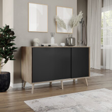 ( Oak Carcass + Black Doors , Beech legs) 3-Door Sliding Cabinet Sideboard Storage Organiser Home Cupboard on Wooden Legs