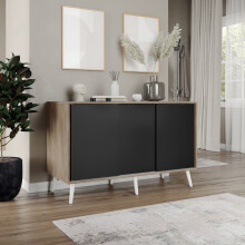 ( Oak Carcass + Black Doors , White legs) 3-Door Sliding Cabinet Sideboard Storage Organiser Home Cupboard on Wooden Legs