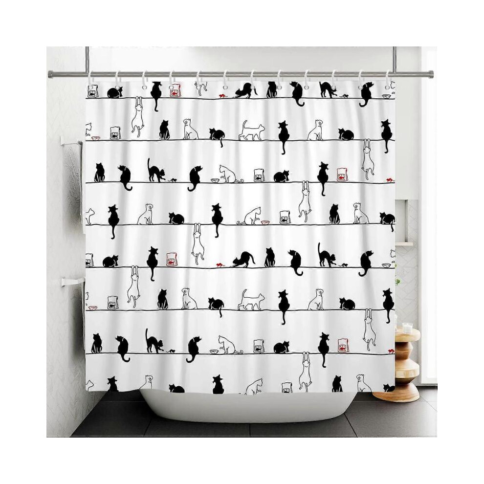 150x180cm Cartoon Cat Shower Curtains Funny Black and White Cat on Rope Waterproof Shower Curtain Bathtub Art Curtain Simple Bathroom Curtain with Hoo