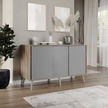 ( Oak Carcass + Grey Doors , Beech legs) 3-Door Sliding Cabinet Sideboard Storage Organiser Home Cupboard on Wooden Legs