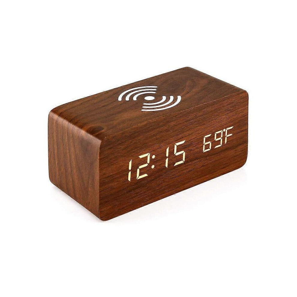 Wooden Digital Alarm Clock with Wireless Charging,adjustable Brightness Dimmer And Alarm Volume brown