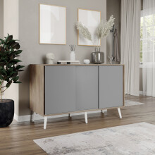 ( Oak Carcass + Grey Doors , Black legs) 3-Door Sliding Cabinet Sideboard Storage Organiser Home Cupboard on Wooden Legs