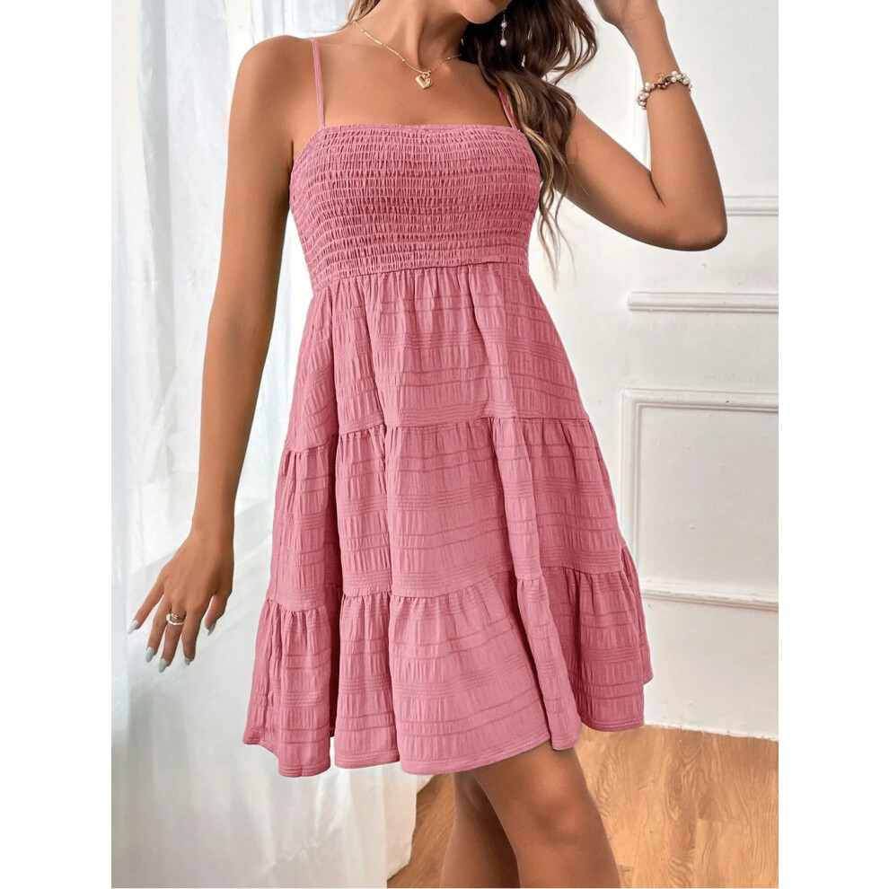 (Lotus Root,XXL)Mini robe femme volants froncés été plage vacances robe de soirée taille haute unie