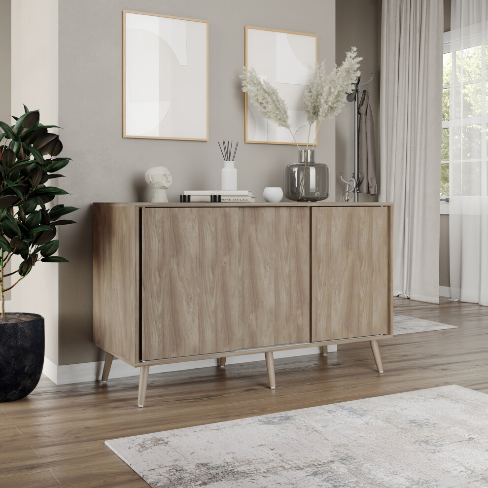 Urbn Living ( Oak Carcass + Oak Doors Beech Legs) 3-Door Sliding Cabinet Sideboard Storage Organiser Home Cupboard On Wooden Legs