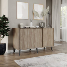 ( Oak Carcass + Oak Doors , Black legs) 3-Door Sliding Cabinet Sideboard Storage Organiser Home Cupboard on Wooden Legs
