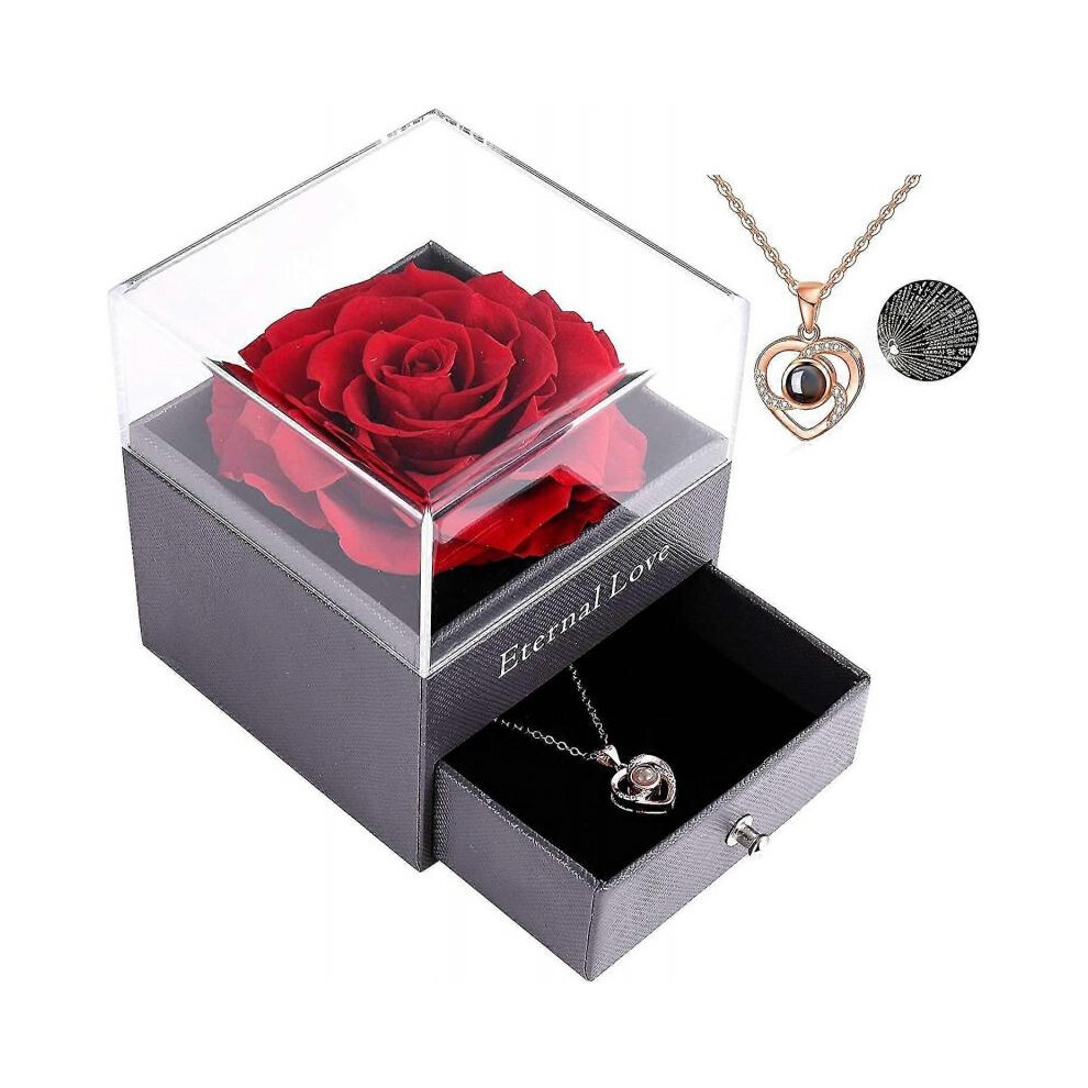 Preserved Real Rose with Love You Necklace In 100 Languages Gift Set
