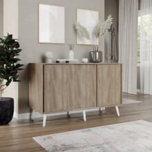 ( Oak Carcass   +  Oak Doors    , White legs) 3-Door Sliding Cabinet Sideboard Storage Organiser Home Cupboard on Wooden Legs