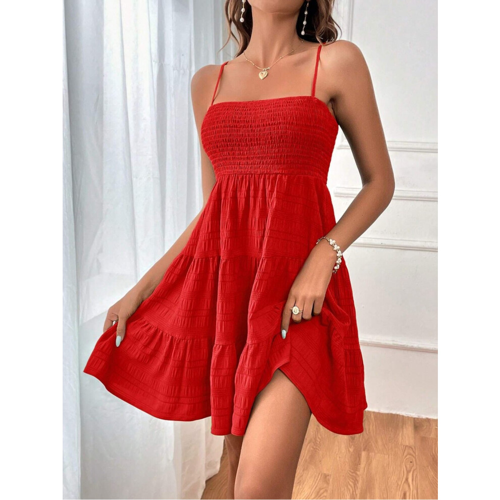 (Red,XL)Mini robe femme à volants froncés été plage vacances robe de soirée taille haute unie