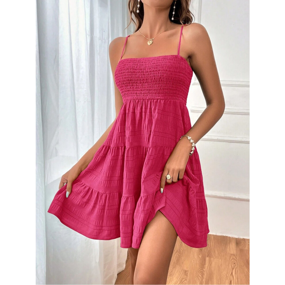 (Rose Red,M)Mini robe femme volants froncés été plage vacances robe de soirée taille haute unie