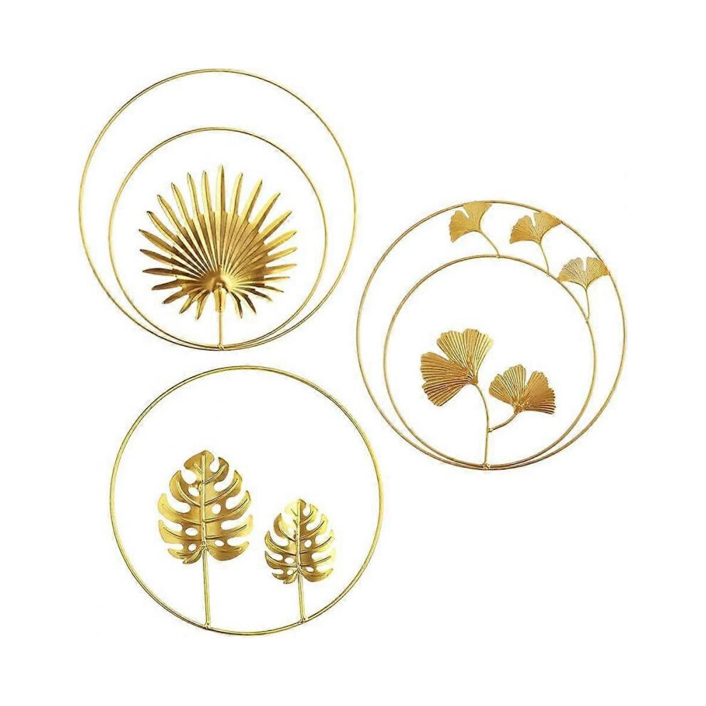 (Gold)3Pcs Round Ginkgo Leaf Wall Decor, Metal Iron Leaf Wall Sculptures, Decorative Iron Wall Sculptures, Iron Wall Art Sculptures for Home Office Li