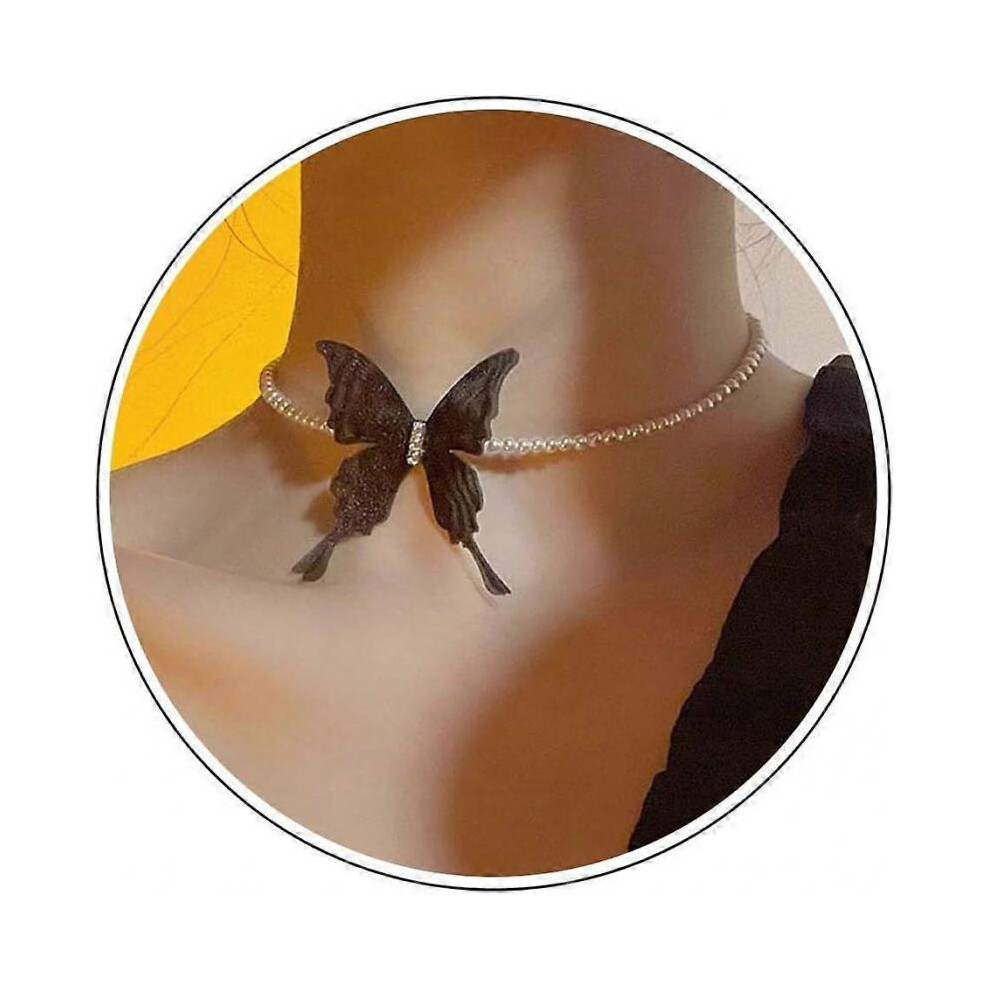 Boho Pearl Choker Necklace Black Lace Pearl Necklace Butterfly Pearl Necklace White Faux Pearl Necklace Butterfly Pearl Necklace Wedding Necklace for