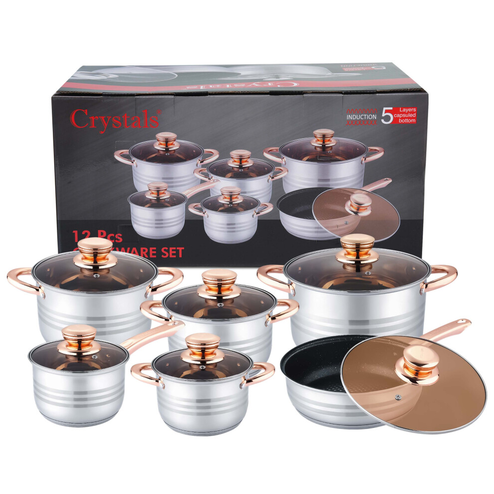 Denny Int Ltd Stainless Steel 12 Pcs Induction Hob Casserole Pot Cookware Saucepan Dining Set
