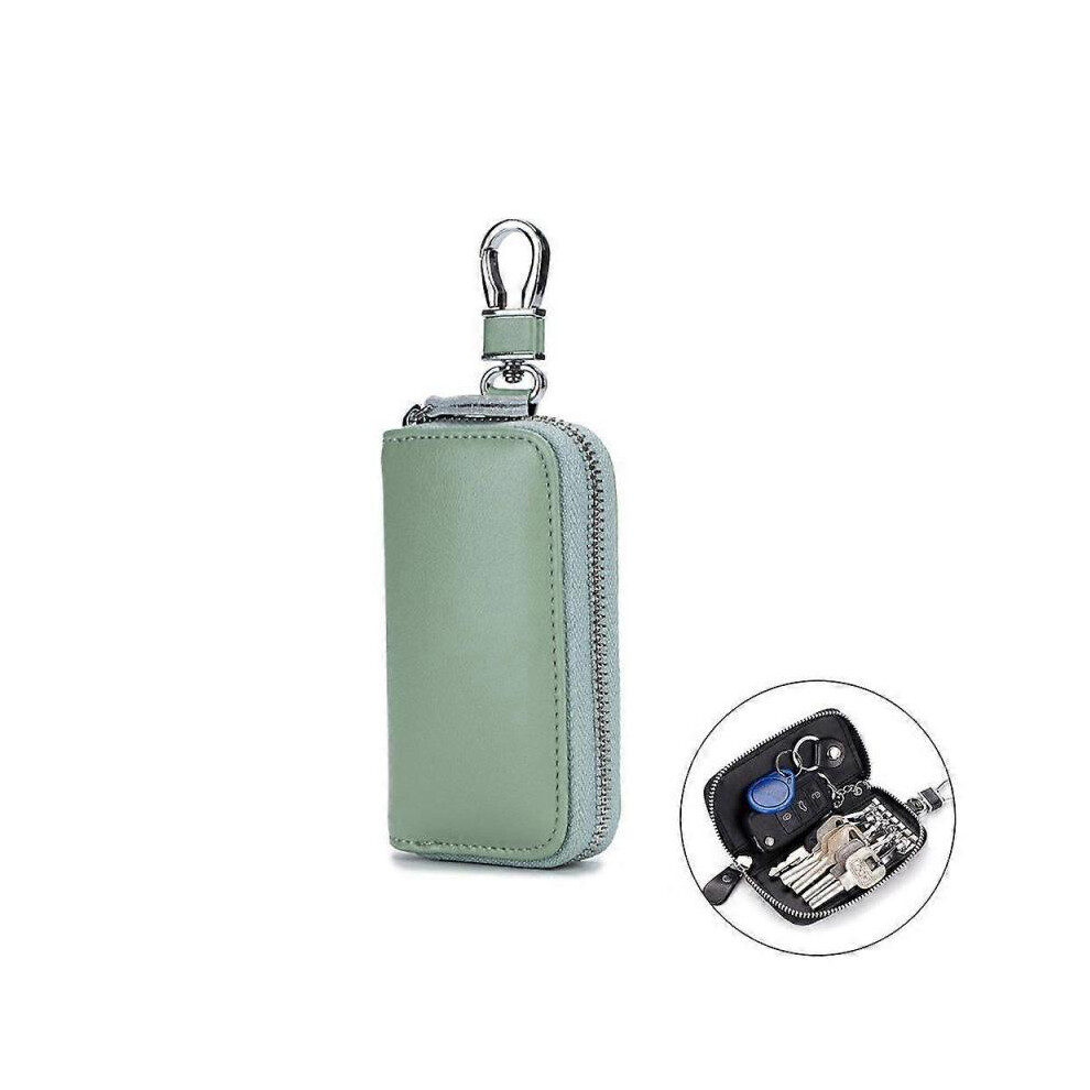 Leather key case double zipper car key case key chain wallet men and women (green)